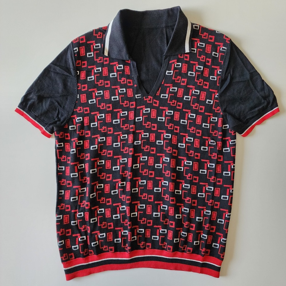 Mulberry Silk Knit Polo Shirt Mens XS S Red Black 'Coolio' Spell Out Preppy 34"